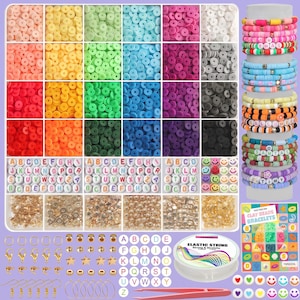 May include: A comprehensive jewelry making kit featuring a large grid container filled with colorful flat clay disc beads, alphabet letter beads, smiley face beads, gold-toned spacers, metal clasps, earring hooks, elastic string, and tweezers.