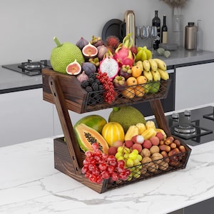 Wooden Fruit Basket 2 Tier – Kitchen Counter Organizer with Wood & Metal Mesh, Rustic Vegetable Holder for Countertop, Bread Storage Stand