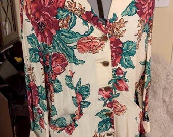 Vintage Carole Little Cabbage Rose Cottage Core Tunic Jacket Duster w/pockets 14