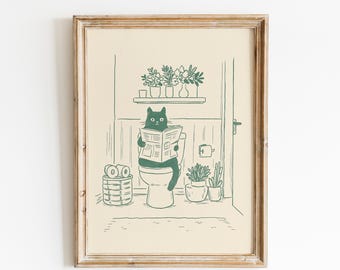 Funny Bathroom Cat Print – Reading Cat Wall Art for Restroom Decor