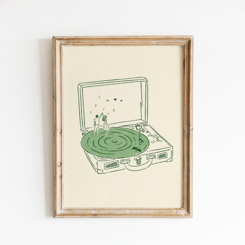 Dancing on a Record Print, Romantic Turntable Poster, Music Lover Wall Art image 1