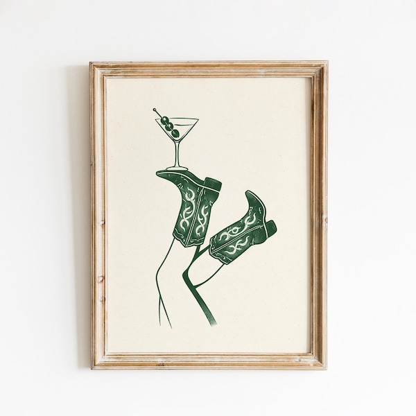 Cowgirl Cocktail Boots Print, Western Martini Poster, Chic Bar Cart Wall Art