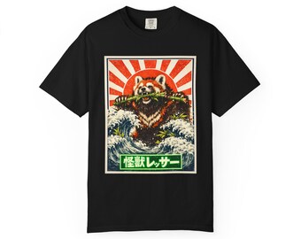 Red Panda Kaiju Wave Tee, Japanese Ukiyo-e Monster Shirt, Rising Sun Bamboo Ocean Art
