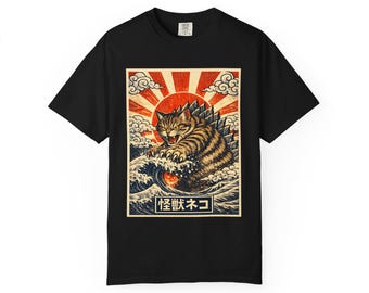 Kaiju Cat T-Shirt, Ukiyo-e Japanese Wave, Monster Graphic Tee