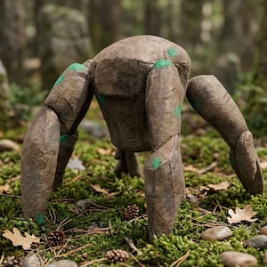 May include: A stone-like, four-legged creature with a segmented body and limbs, standing on a bed of green moss. The creature has a rough, textured surface with patches of green paint. The background is a blurred forest scene.