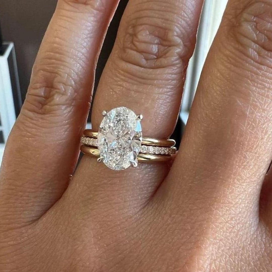 3CT Oval Cut Moissanite Bridal Three Ring Set 9K/10K/14K/18K Solid Gold ...