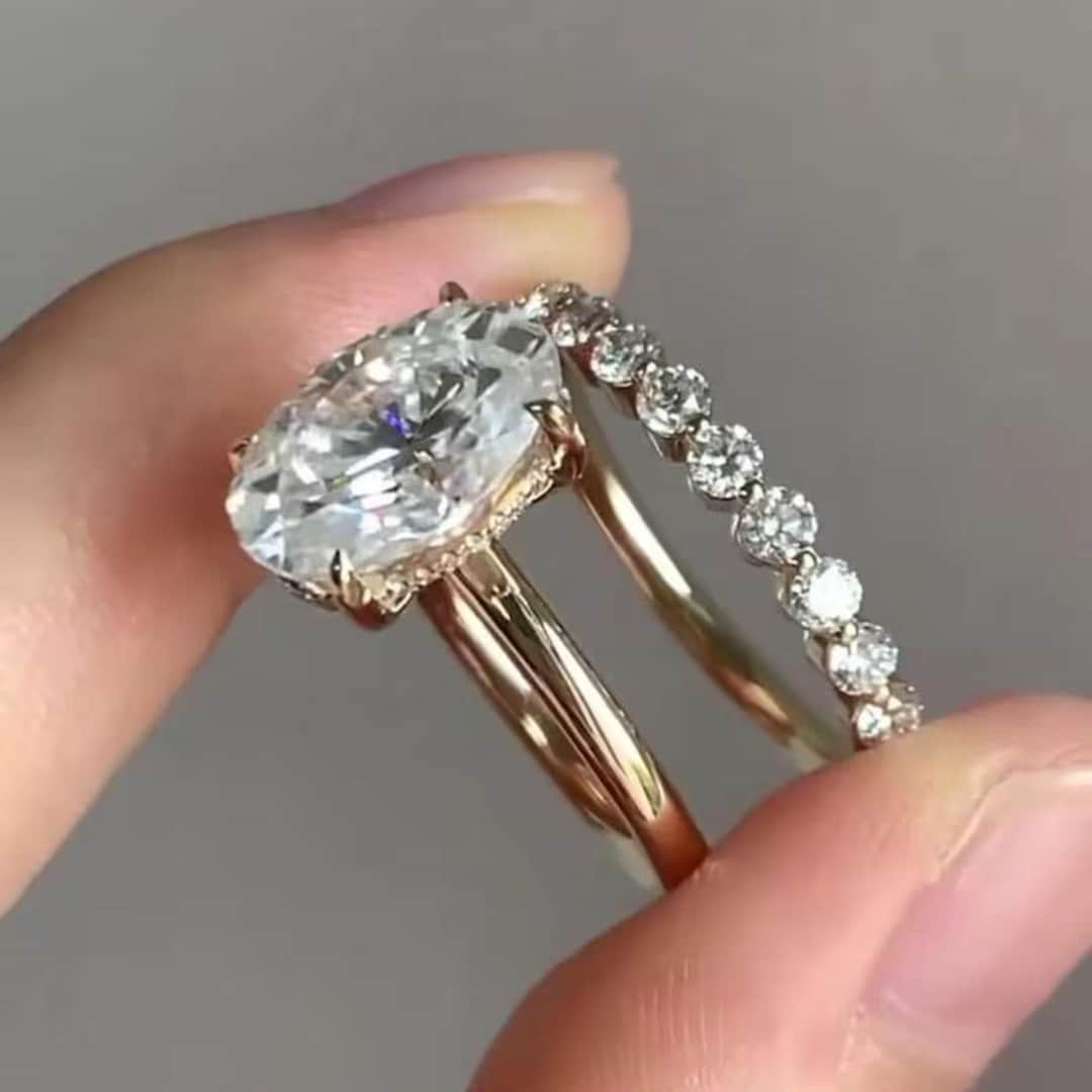 3CT Oval Cut Moissanite Wedding Ring Set, Unique 14k Solid Gold Hidden ...