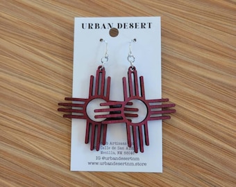 Maroon Zia Earrings, Red NM Jewelry, New Mexico Earrings, Laser Cut Wood Earrings, Zia Jewelry