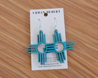 Turquoise Zia Earrings, NM Jewelry, New Mexico Earrings, Laser Cut Wood Earrings, Zia Jewelry