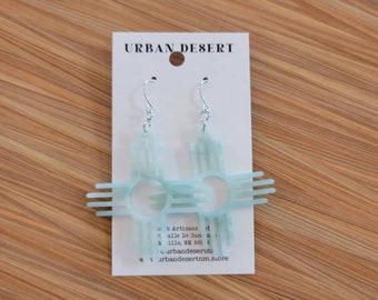 Green Quartz Zia Earrings, NM Jewelry, New Mexico Earrings, Laser Cut Acrylic Earrings, Zia Jewelry