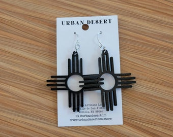 Black Zia Earrings, NM Jewelry, New Mexico Earrings, Laser Cut Wood Earrings, Zia Jewelry