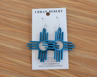 Dark Turquoise Zia Earrings, NM Jewelry, New Mexico Earrings, Laser Cut Wood Earrings, Zia Jewelry