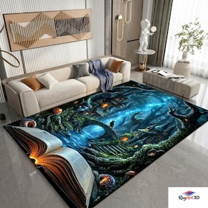 Puede incluir: Alfombra rectangular con una escena de bosque de fantasía. La alfombra presenta un puente, edificios y una persona en el puente. La paleta de colores incluye azules, verdes y naranjas. Un libro abierto está en primer plano.