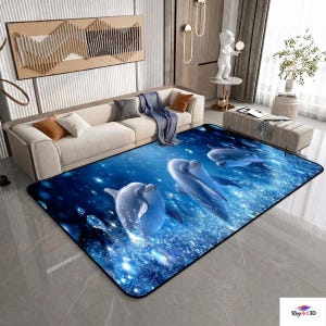 Dolphin Ocean Kitchen Runner Rug | 3D Realistic Blue Sea Non-Slip Mat | Coastal Bathroom Hallway Entryway Floor Rug | Ocean Home Decor