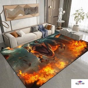 3D Dinosaur Rug, T Rex with Flames Area Carpet, Realistic Lava Floor Mat, Boys Room Decor Rug, Gamer Cave Living Room Statement Piece