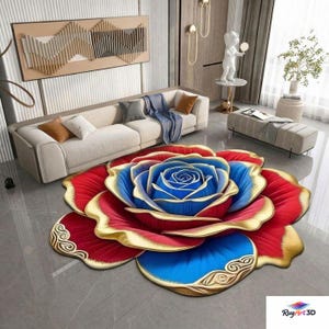 Puede incluir: Una alfombra decorativa grande con forma de rosa. Presenta pétalos rojos con bordes dorados y un centro azul. La alfombra está colocada sobre un suelo gris en un salón, con un diseño detallado.