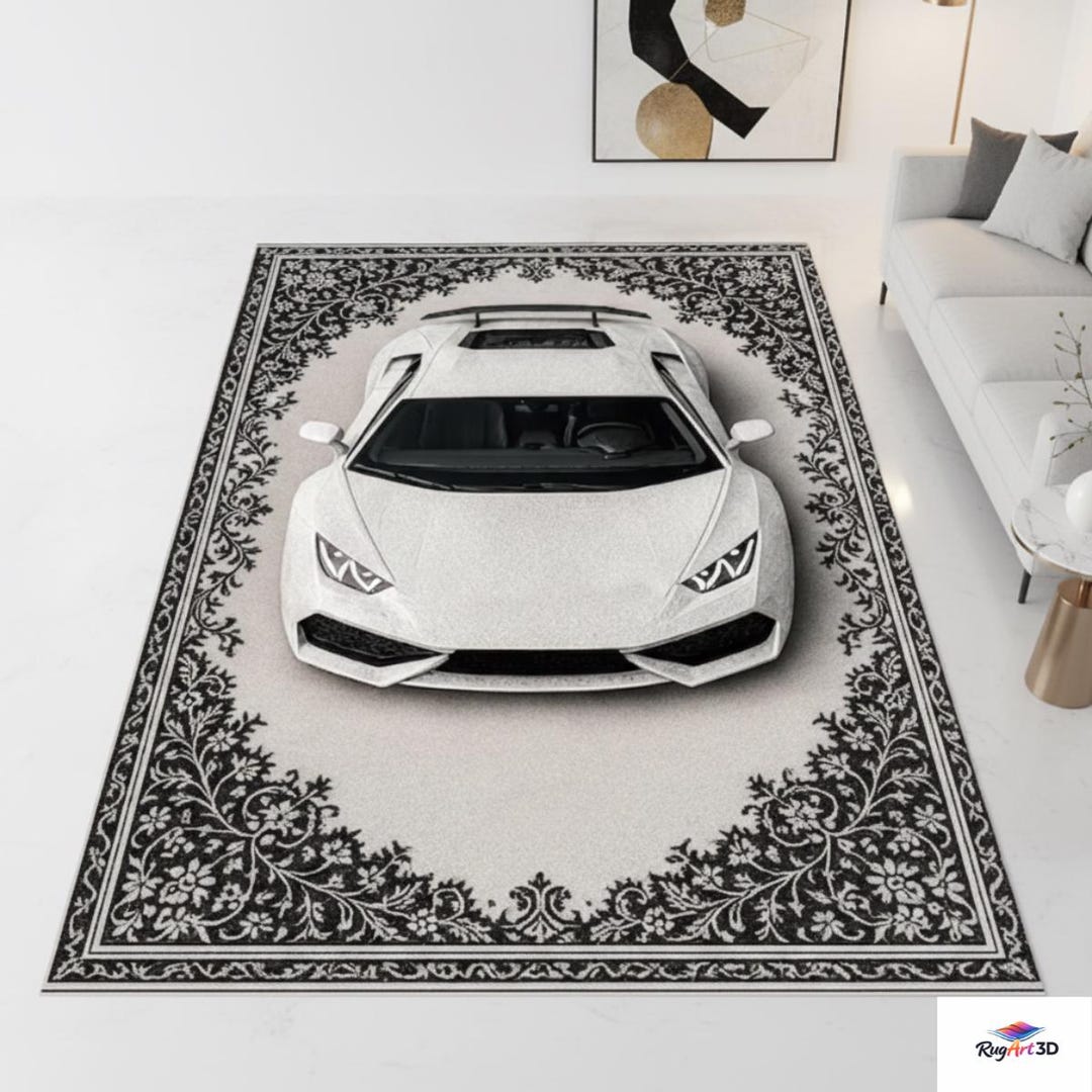 3D Sports Car Area Rug, Black and White Optical Illusion Floor Carpet ...
