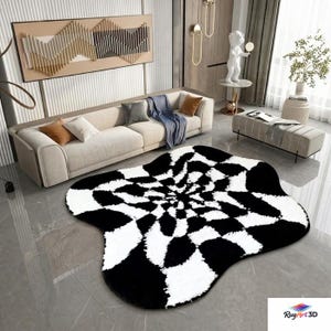 Abstract 3D Cloud Rug, Black and White Modern Checkered Floor Mat, Non-Slip Acrylic Rug for Bathroom, Porch, Kitchen or Artistic Decor