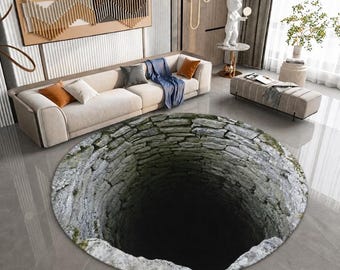 3D Stone Pit Hole Round Rug Optical Illusion Carpet Pool Hole Floor Mat Funny Novelty Rug Indoor Doorway Living Room Decor