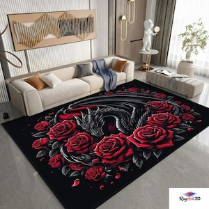 Dragon Rose Crystal Rug | 800gsm Velvet Black Red | Gothic Office Decor | Large Luxury Floor Mat | Tibetan Art Print