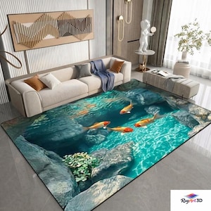 3D Koi Fish Rug, Japanese Koi Carp Area Rug, Aquatic Theme Washable Carpet, Living Room Bedroom Floor Mat, Zen Home Decor