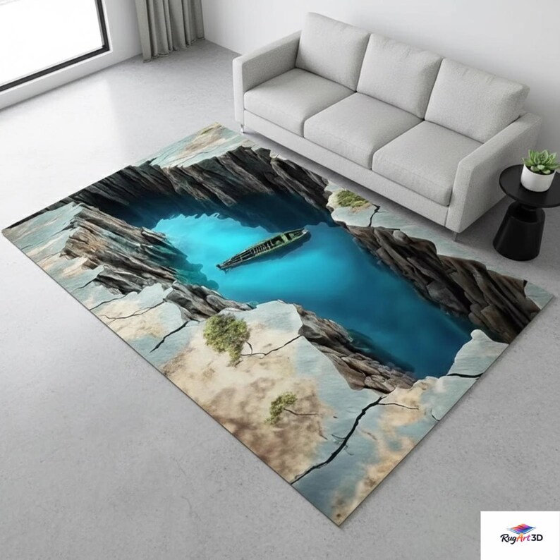 3D Water Pit Illusion Rug Blue Cliff Hole Carpet Optical Illusion Floor ...