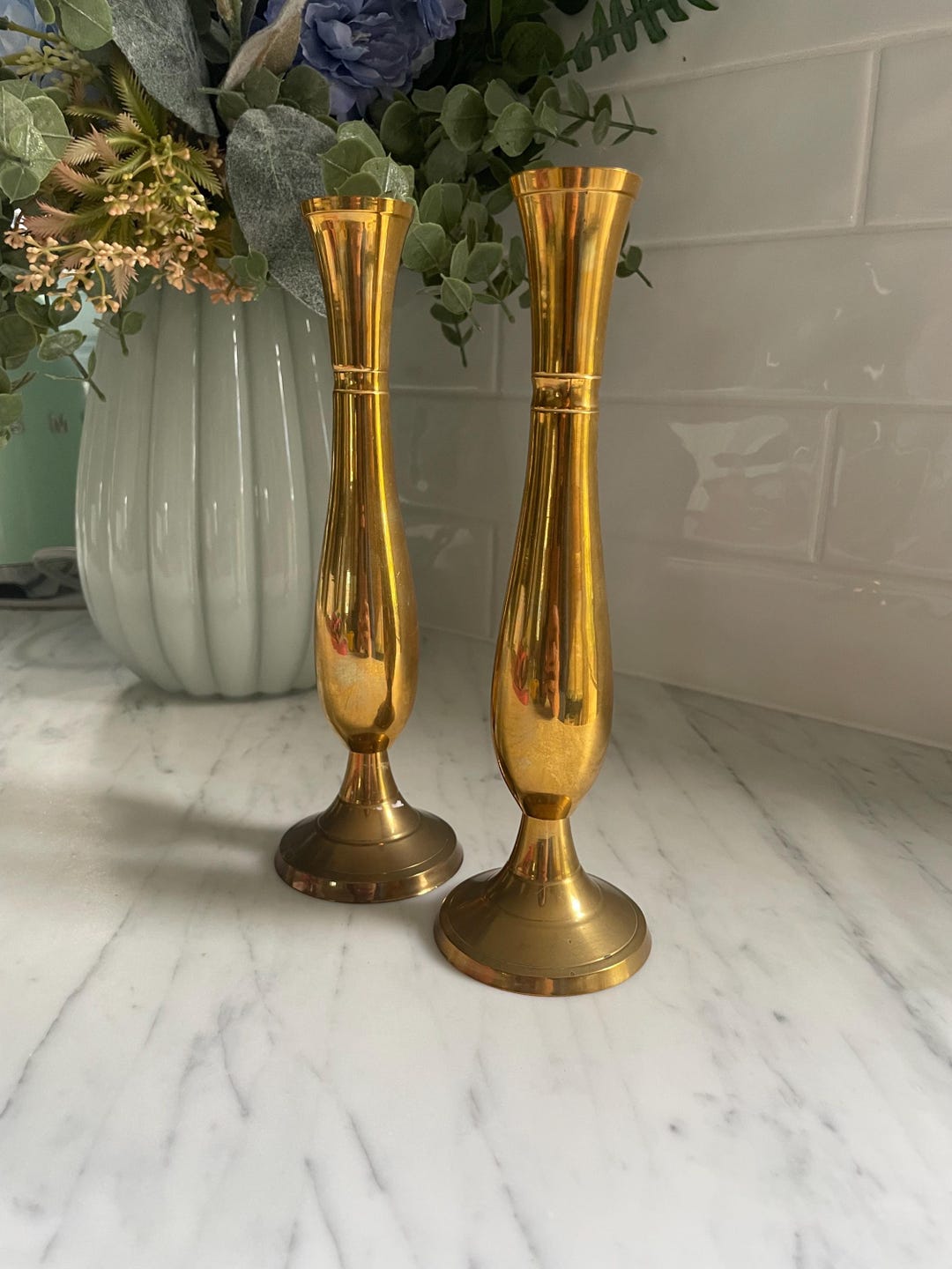Vintage Pair of Gold Metal Candlesticks Bud Vase Set - Etsy