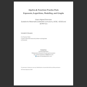 Könnte beinhalten: Ein weißes Papier mit dem Titel "Algebra & Functions Practice Pack" mit Informationen zu Exponenten, Logarithmen, Modellierung und Graphen. Es enthält prüfungsorientierte Übungen für Mathematik 2, GCSE, IGCSE und IB MYP 4-5.
