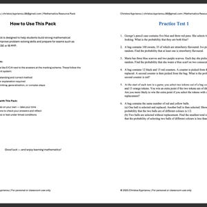 Può includere: Un documento di due pagine con i titoli "Come usare questo pacchetto" e "Test di pratica 1". Il documento include istruzioni, sistemi di punteggio e domande pratiche di matematica. Il testo è nero su sfondo bianco.