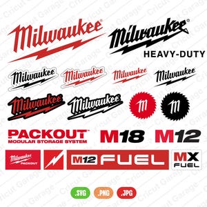 Könnte beinhalten: Eine Sammlung roter und schwarzer Milwaukee-Logos und Textdesigns. Enthält die Wörter "HEAVY-DUTY", "PACKOUT", "M18", "M12" und "FUEL". Enthält auch Dateityp-Symbole: .SVG, .PNG und .JPG.