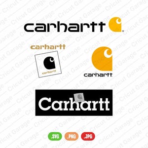 May include: A collection of Carhartt logos in various designs. The logos feature the brand name in black and gold, along with the iconic Carhartt 'C' logo in black and gold. File type icons are at the bottom.