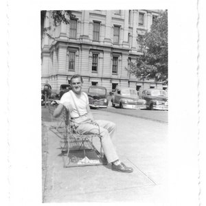 Suspenders Young Man On Park Bench Vintage Photo Casual Pose Vacation Souvenir Snapshot Architecture