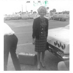Creep Vintage Photo Lovely Young Woman At The Airport Handwritten Caption 1960’s Black & White Snapshot Luggage Fashion Chevy Impala