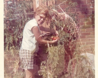 Red Hot Tomato Big Hair Woman In Vegetable Garden Vintage Photo Color Snapshot