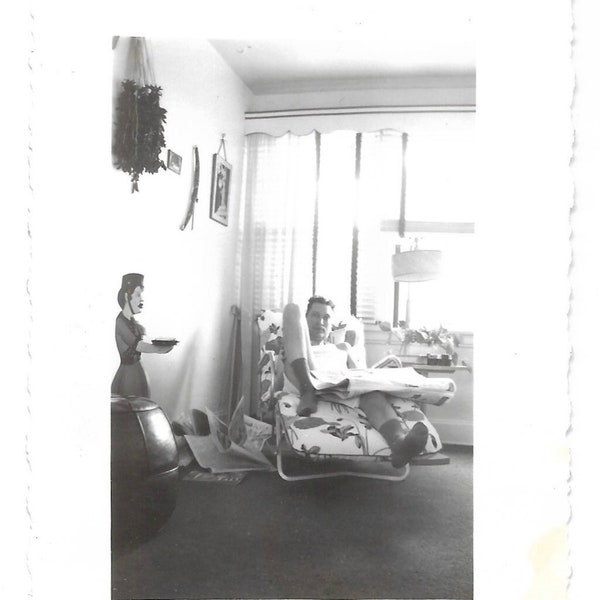 Man Relaxes By Reading The Newspaper While Wearing Boxer Shorts & Crew Socks Vintage Photo Caption Dan In The Sunroom Unusual Snack Server