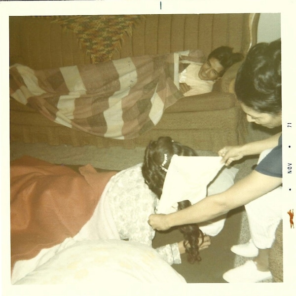 Vintage Color Photo Brother Laughs While Mom Hides Girl With Elaborate Hairstyle 1960’s Color Snapshot