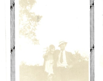 Vintage 1920s Sepia Photograph: Flapper & Man, Art Deco Border