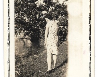 Lovely Young Woman Looks Over Her Shoulder At Photographer Vintage Photo 1930’s Sepia Snapshot Light Leak Pretty Girl Polka Dot Dress