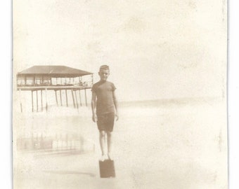 Original Vintage Beach Photo Little Boy Stands On Wooden Piling Buried In The Sand 1920’s Sepia Photography