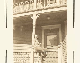 Vintage Snapshot "Looking Up" Pretty Girl Poses On Porch Railing 1939 Found Vernacular Photo