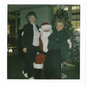 Jolly Women Visit Santa Claus Vintage Color Snapshot Christmas Tree Santa Costume Christmas Sweater Instant Polaroid Photo