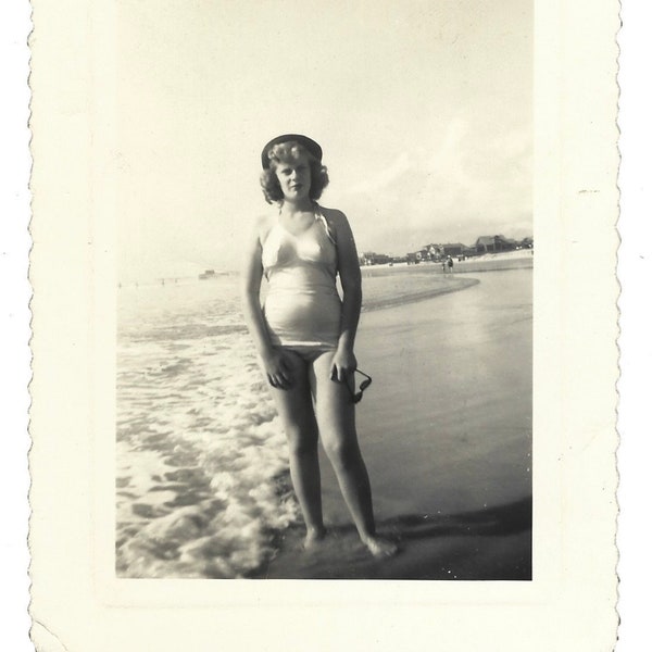 Vintage Photo Teen Girl Swimsuit Cute Hat  Bathing Suit Beach Photo 1950’s Snapshot