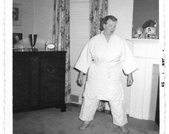 White Belt Vintage Snapshot Woman Poses Wearing Karate Outfit Martial Arts Jiu-Jitsu 1950’s Black & White Photo