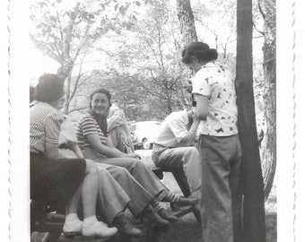 Picture Taker Young Woman With Camera Vintage Snapshot Girlfriends At A Picnic 1950’s Black & White Photo Dueling Cameras