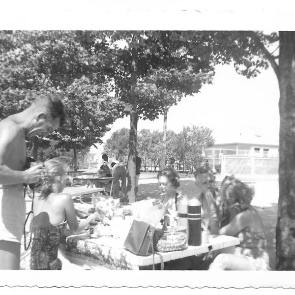 Amateur Photographer Dad 1953 Snapshot Family Beach Picnic Swimsuits Swim Trunks Bathing Suits Vintage Camera Black & White Photo
