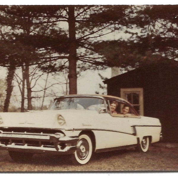 Smiling Women In Fancy New Car Vintage Color Snapshot Kodachrome 1950’s Mercury Convertible Car Whitewall Tires Summer Cabin Color Photo