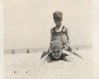 Cute Swim Caps Little Girls Playing In The Sand 1920’s Snapshot Beach Photo