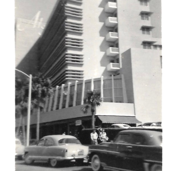 Vintage Photo Miami Beach Algiers Hotel Neo-Baroque Architecture Morris Lapidus 1950’s Black & White Snapshot Palm Trees