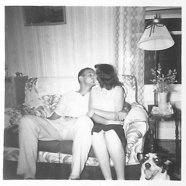 Vintage Photo "The Dog Approves" Man Kissing Girlfriend Happy Dog Smile Found Vernacular Photo