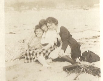 Vintage Snapshot "Beach Bonfire" Girlfriends On The Beach Found Vernacular Photo